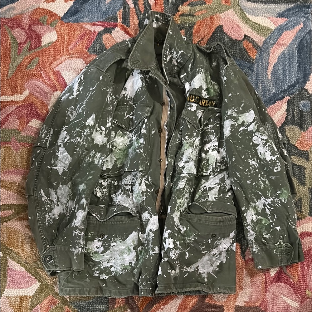 Vintage Camouflage Military Jacket with Hand Painted Splatter